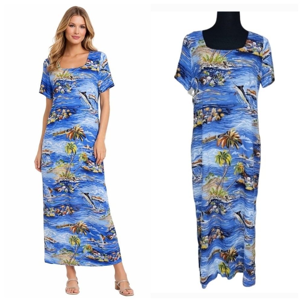 NWT Reyn Spooner Grand Bahama Print Spun Rayon Maxi Dress Island Wear Travel S